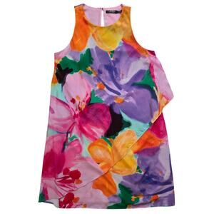 Lauren Ralph Lauren Watercolor Floral Crepe Shift Dress Size 12 Colorful Midi